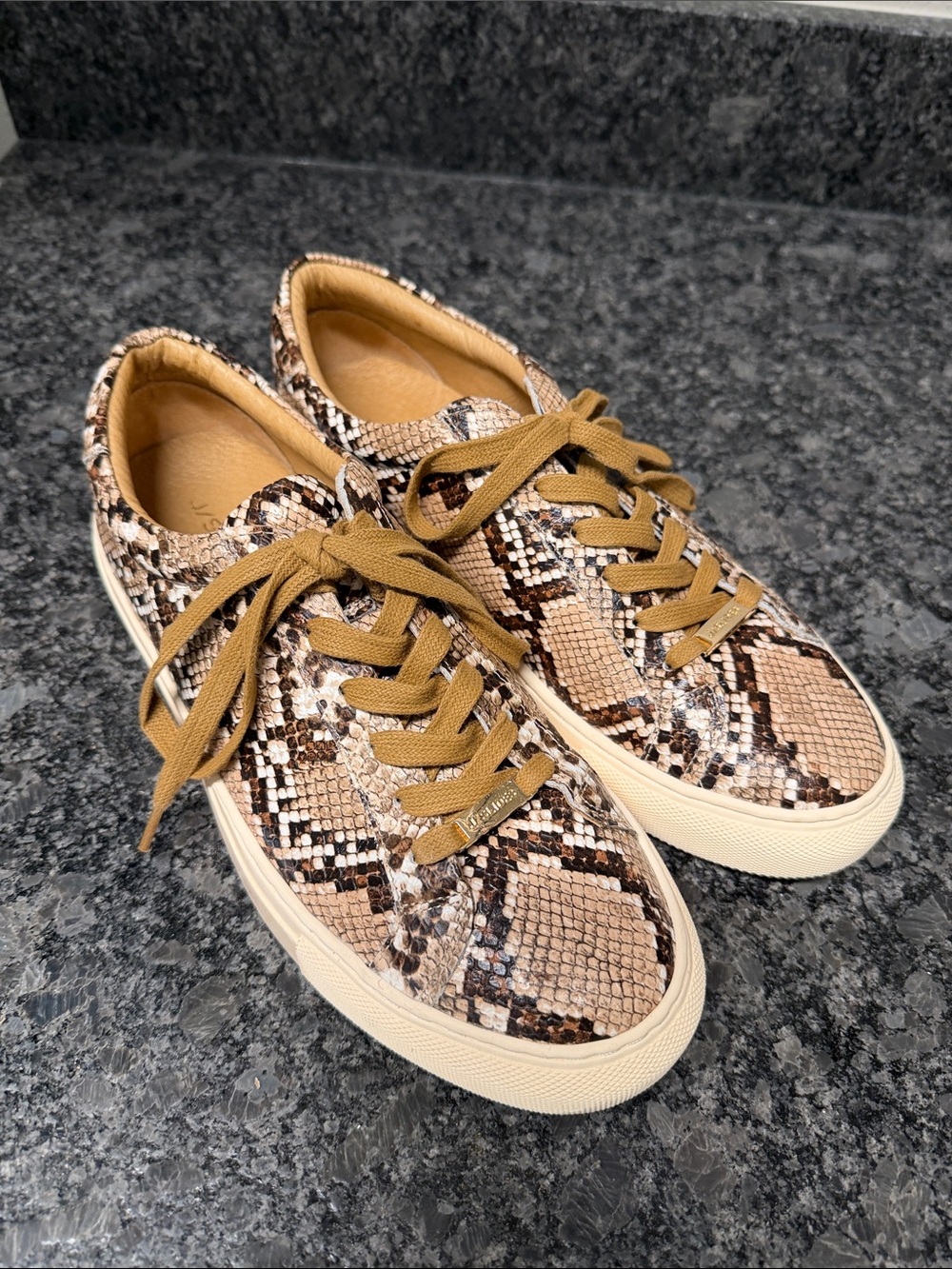 J Slides Snake-Print Low Top Sneakers in Tan and Brown